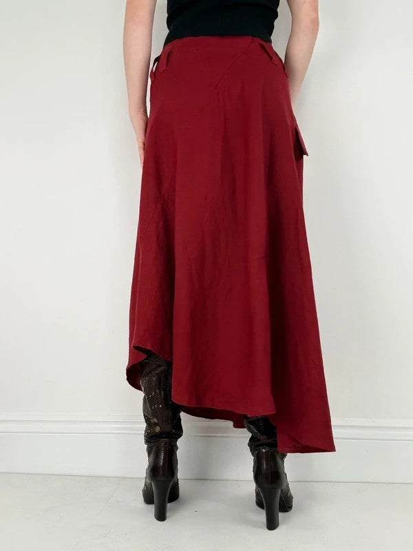 red linen bias cut asymmetric maxi skirt
