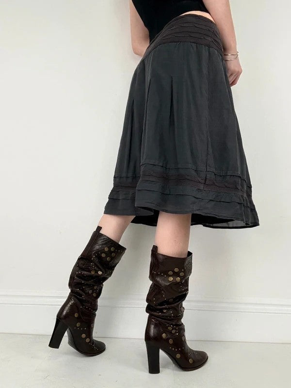 Blue low-rise drop-waist navy sheer midi skirt