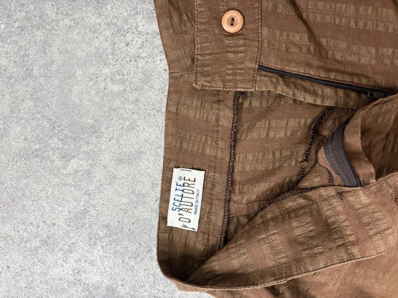 brown pinstripe wide-leg textured flare trousers