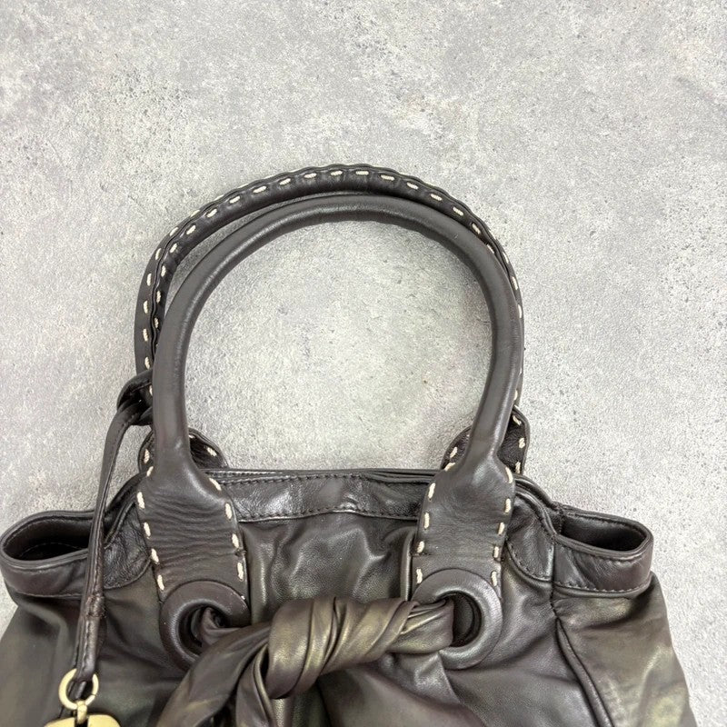 brown leather shimmer bow slouchy Y2K hobo handbag