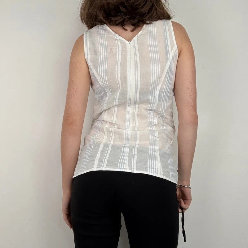 white cotton textured pinstripe popper vest top