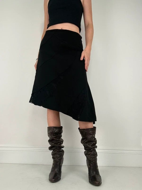 black asymmetric lace panelled midi skirt