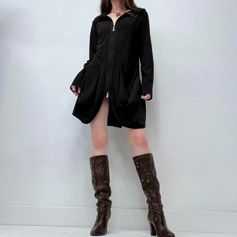 black draped long sleeve zip-up dress