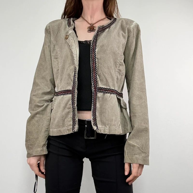 khaki flared braided ribbon military napolionic jacket