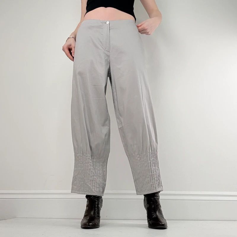 grey pleated puff barrel trousers
