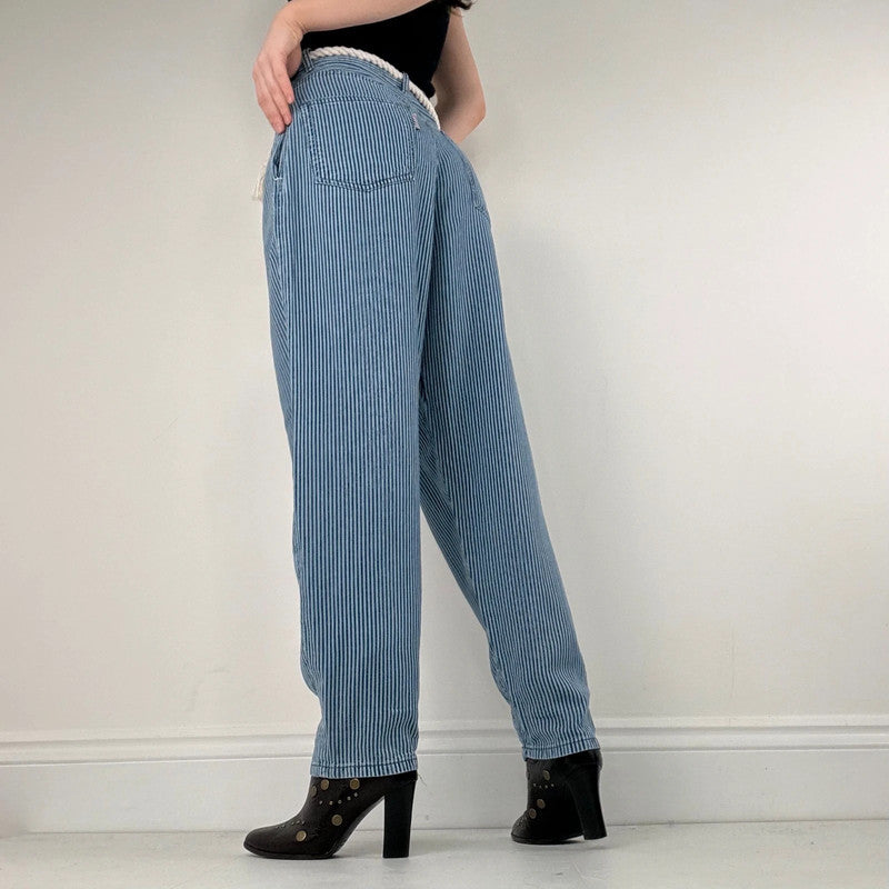 pleated pinstripe barrel trousers