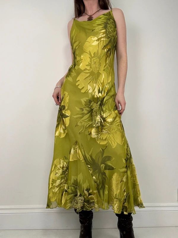 green floral watercolour silk bias cut maxi dress