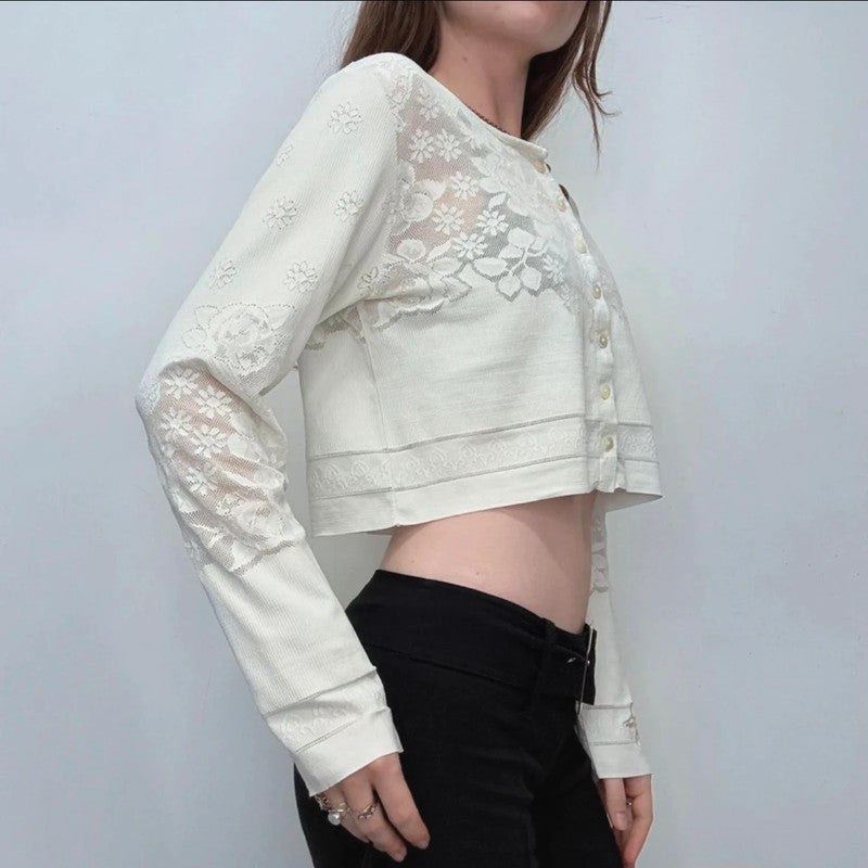 Cropped lace pointelle cardigan