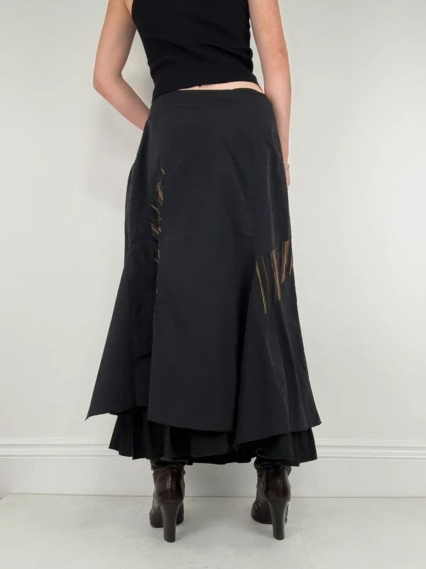 Black flared pleated pinstriped layered maxi skirt
