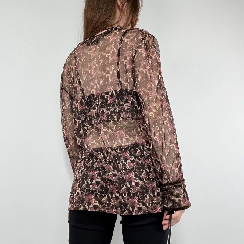 sheer brown and pink printed flared shirt