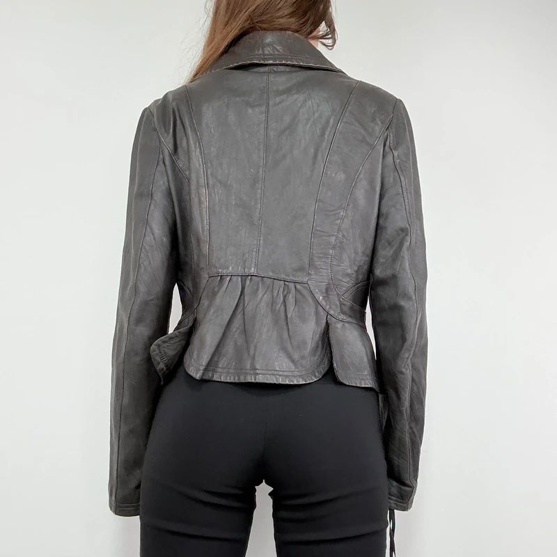 cropped dark brown leather jacket
