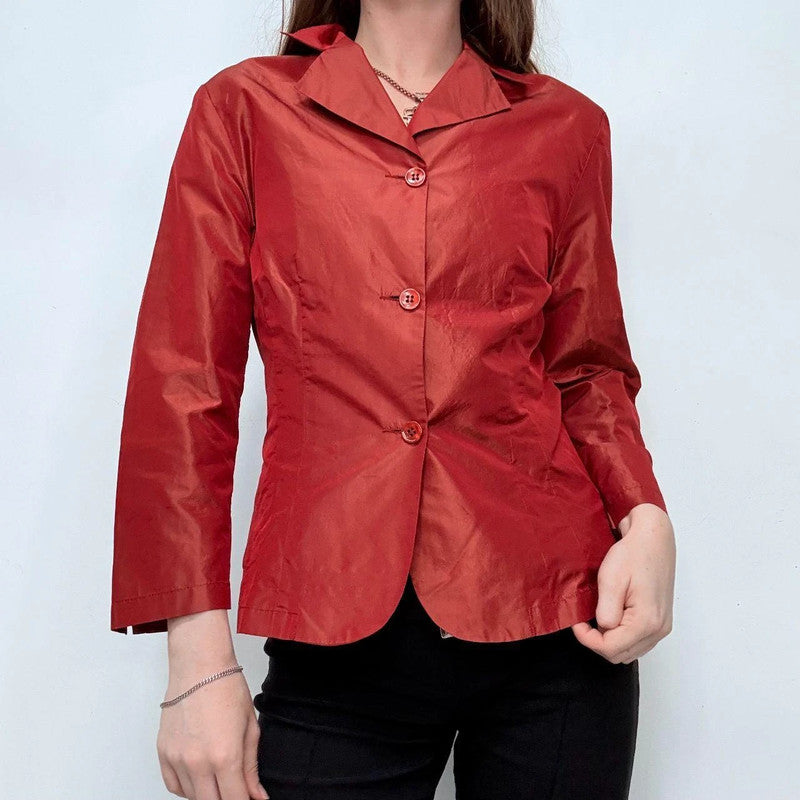 red flared silk shirt