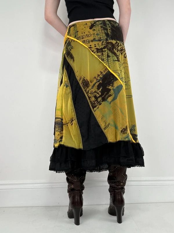 Patchwork graphic mesh layered long skirt