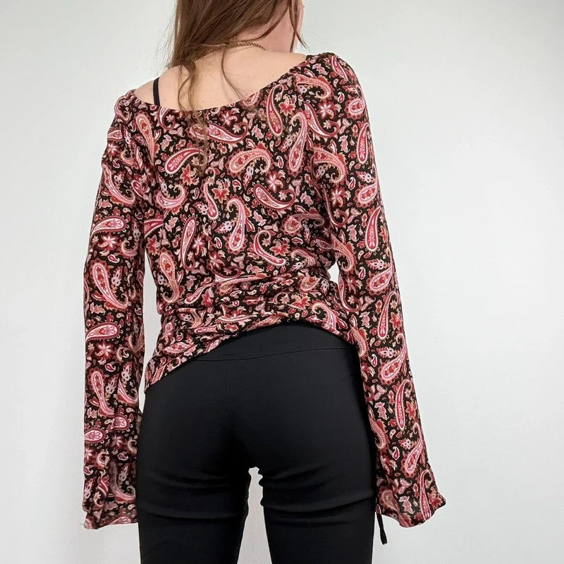 paisley flared wide neck blouse