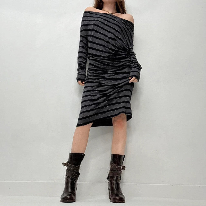 slouchy striped off the shoulder midi dress