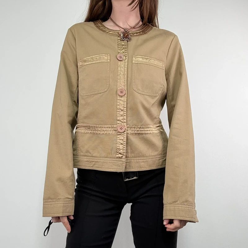 tan boxy cropped fit jacket with exposed button detail