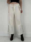 white linen flared utility button trousers