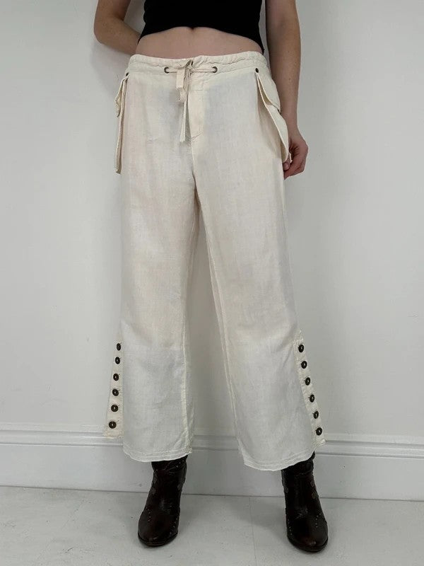 white linen flared utility button trousers