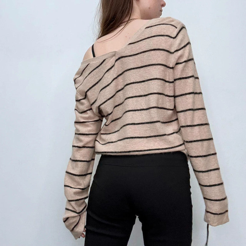 tan pinstripe wide neck slouchy jumper