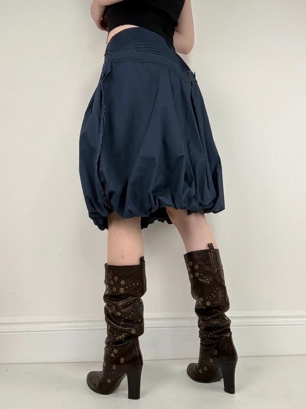 Puff parachute navy pleated midi flare skirt with zipper