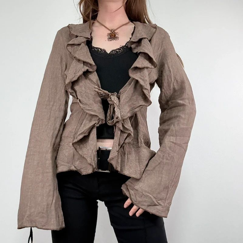 brown linen flared fitted ruffle shirt