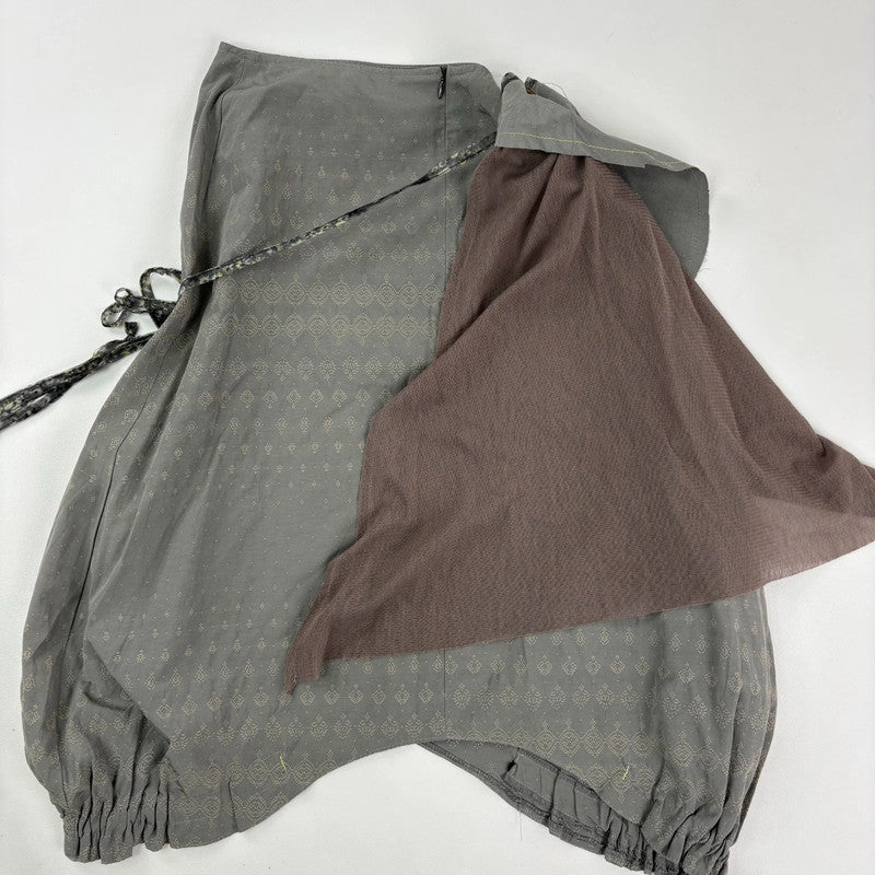 asymmetric gathered puff pleated khaki midi skirt