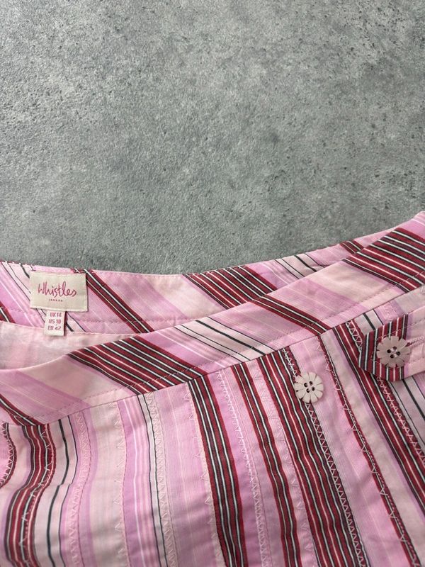 pink cotton pleated pinstripe flared midi skirt