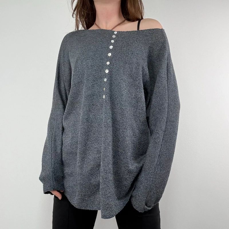 grey henley button detailed slouchy off the shoulder t-shirt
