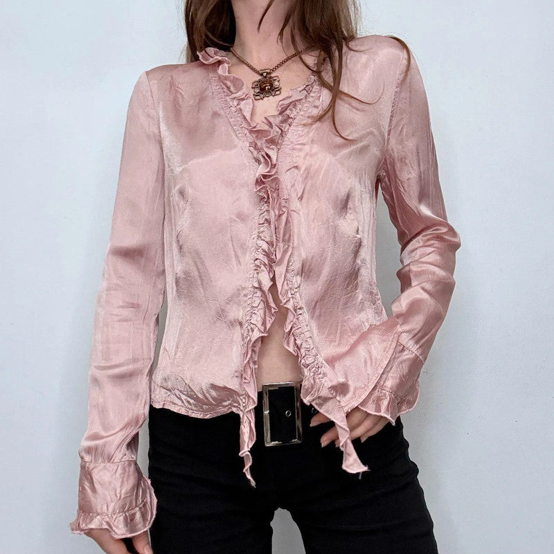 pink silky flutter flared shirt