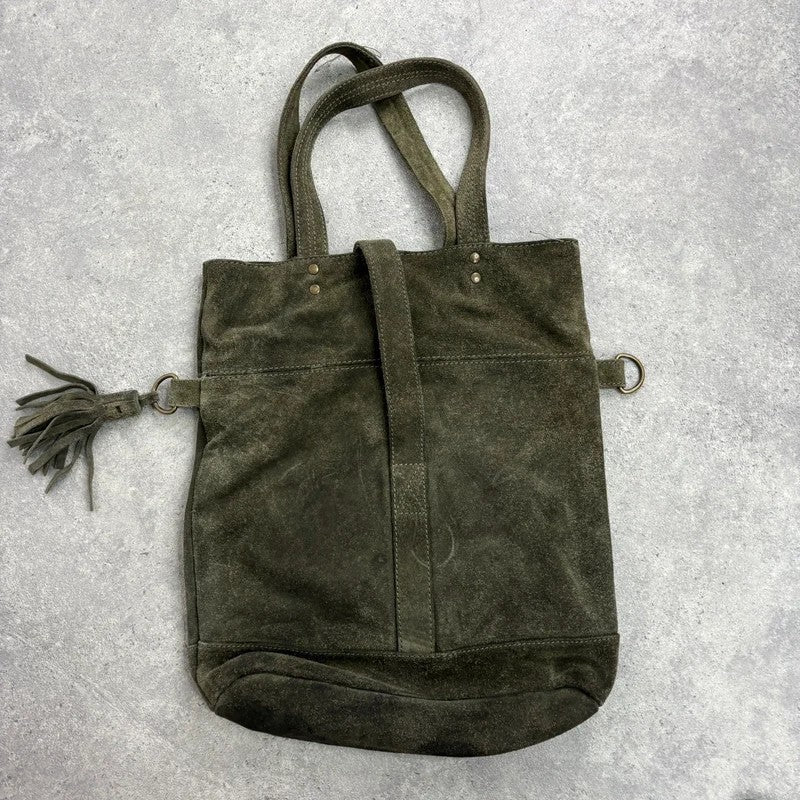 Khaki green suede leather tassel tote bag