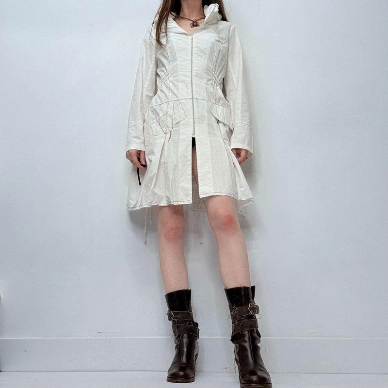 white flared structured zip-up dress
