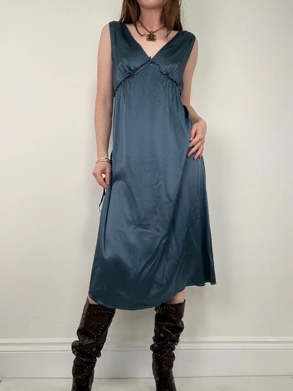 blue silk gathered floaty bias cut midi dress