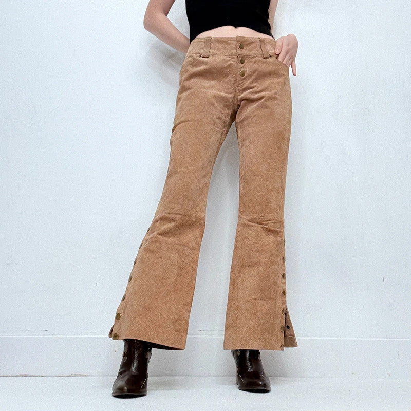 tan suede leather flared 70s trousers