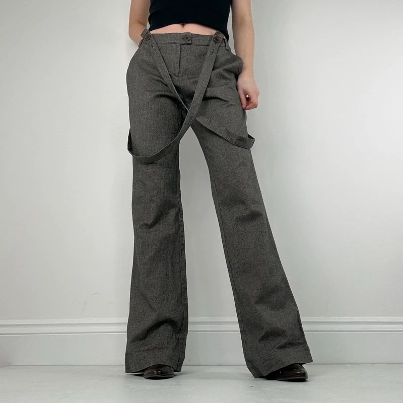grey suspender flared suit trousers