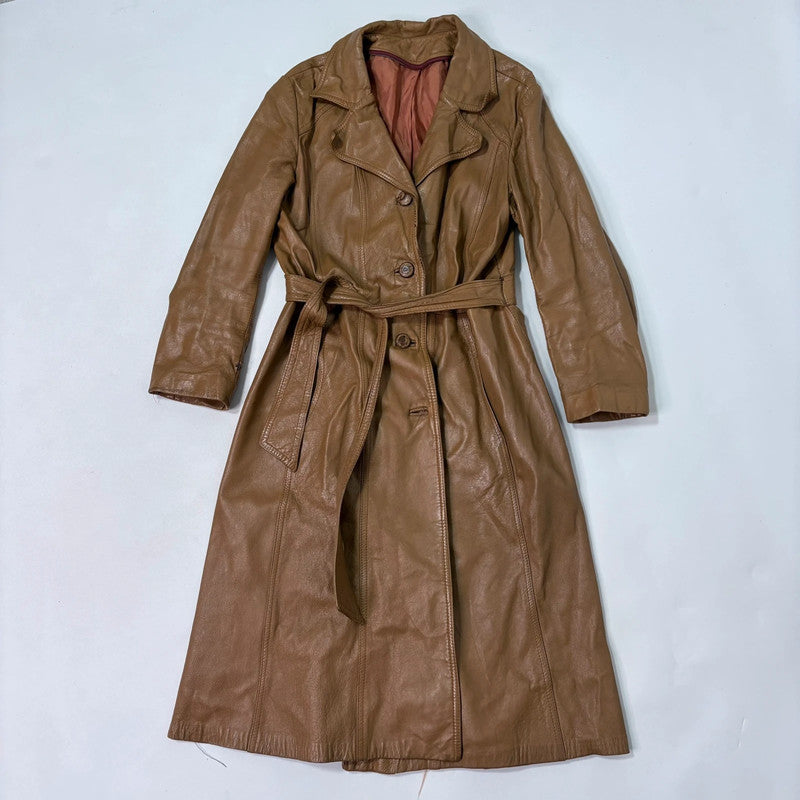 tan leather long trench coat