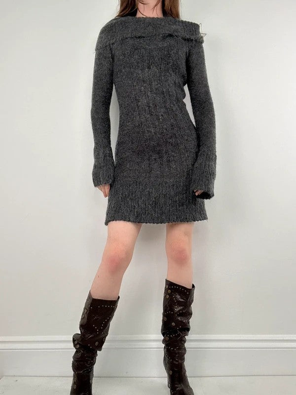 grey mohair knit slouchy off the shoulder dress
