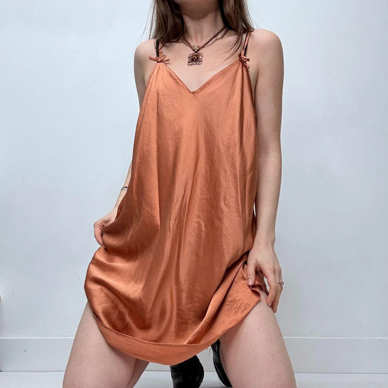 tan flared silk mini cami slip dress