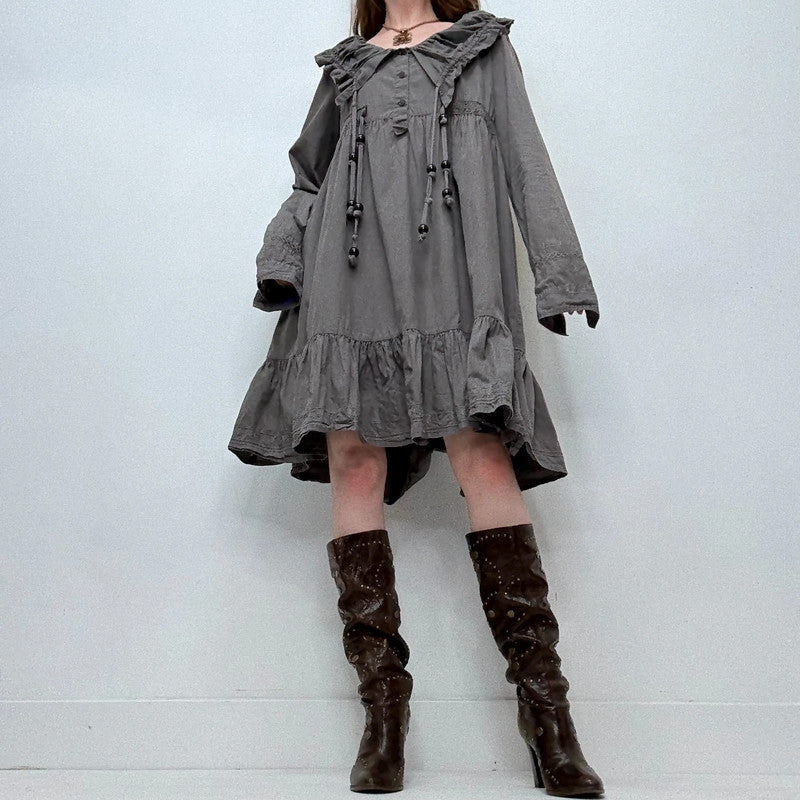 grey pleated puff shirt dress
