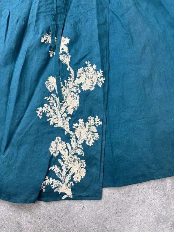 blue linen embroidered wrap lace midi skirt