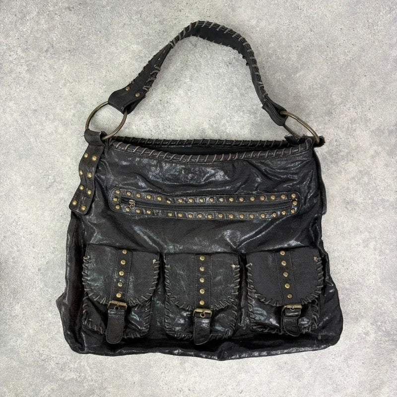 Black studded stitched slouchy shoulder bag