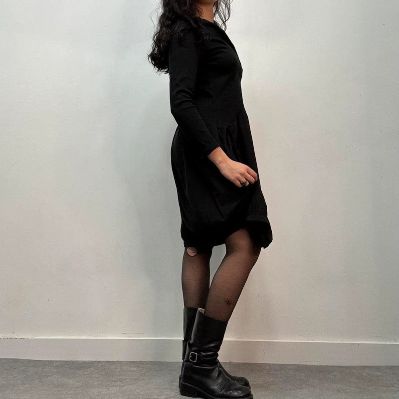 black gathered puff shirt dress