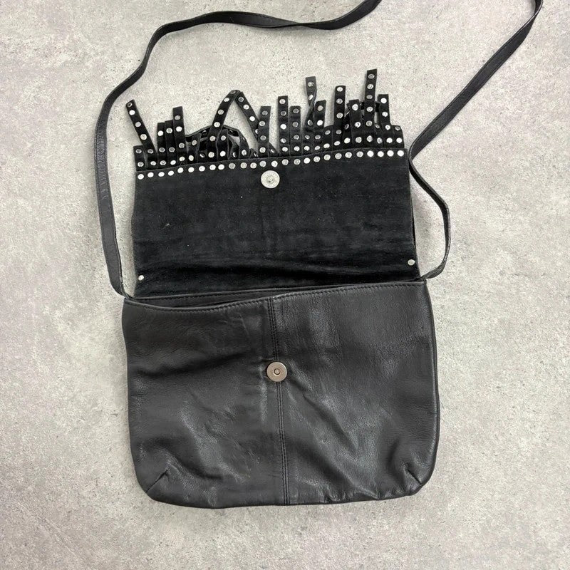 Black leather studded tassel crossbody bag