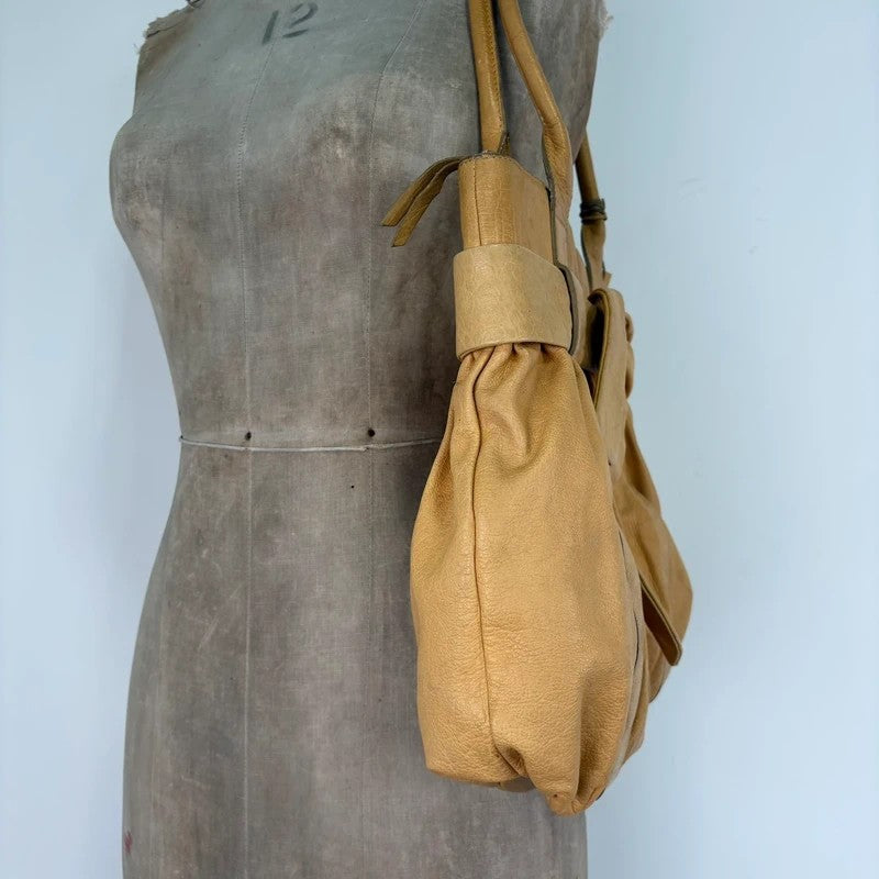 Cream yellow leather knot pleated handbag