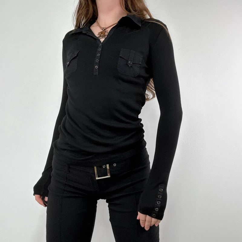black long sleeve 1/4 button henley polo t-shirt