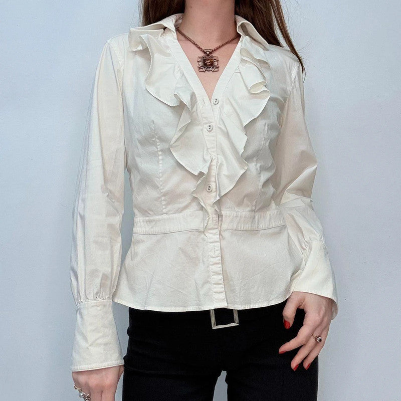 white ruffle fitted shirt