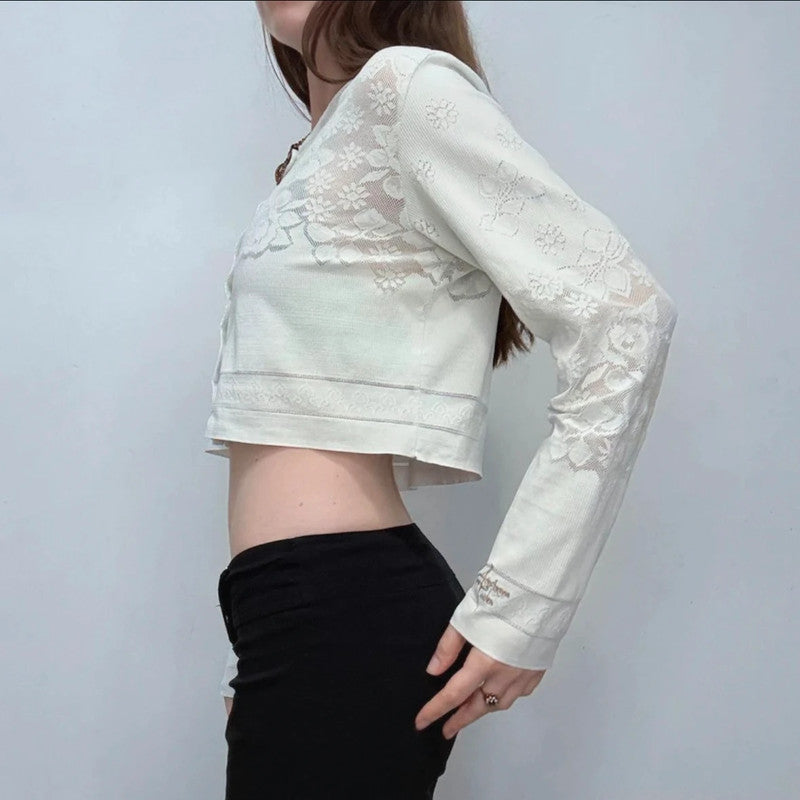 Cropped lace pointelle cardigan