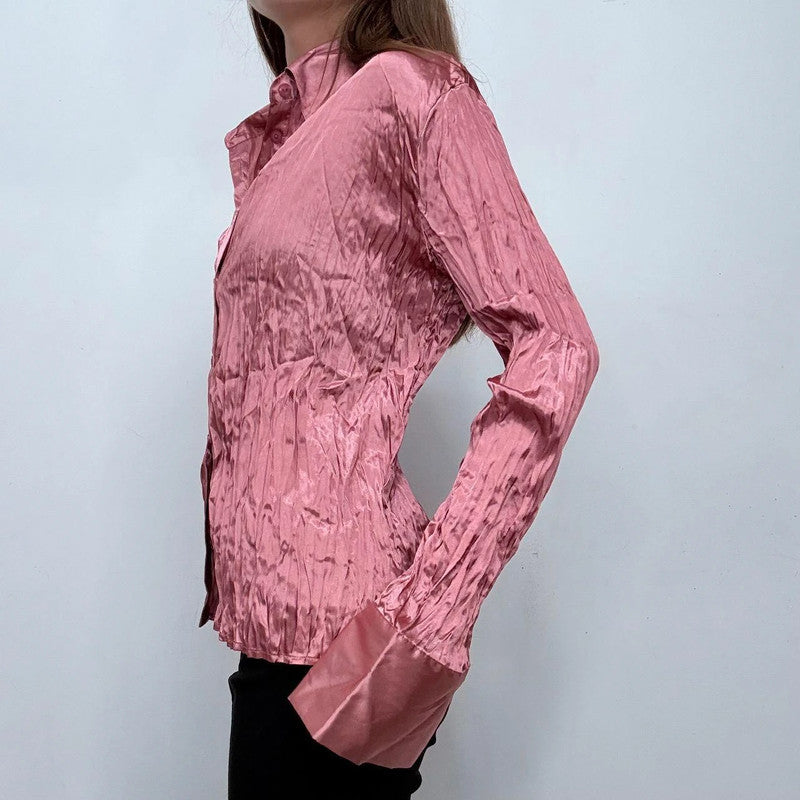 pink crinkle flared shirt