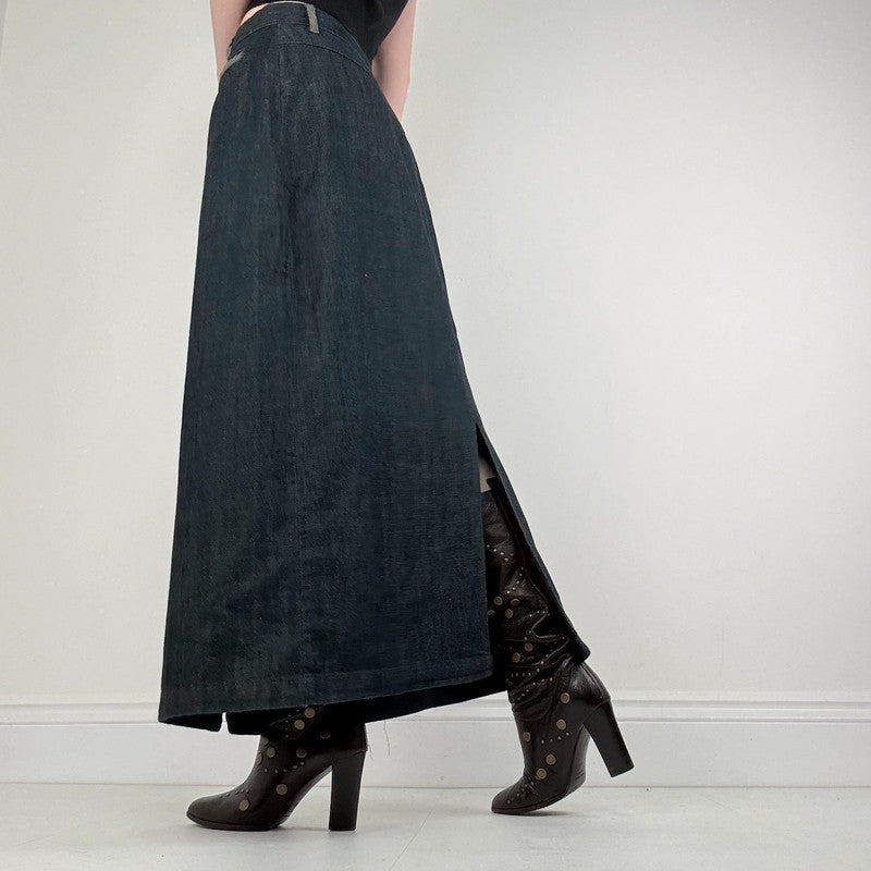 dark denim flared maxi skirt