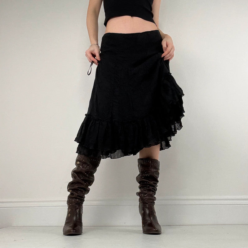 black crinkle pleated ruffle midi skirt