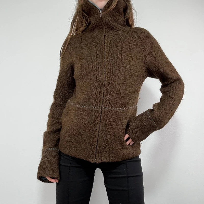 brown knit flared zip through cardigan
